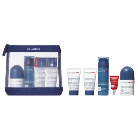 Clarins Men Gift Set: Super Moisture Gel 50ml + Deodorant Roll On 50ml + Shampoo and Shower Gel 30ml + Active Face Wash 30ml + Eye Serum 3ml